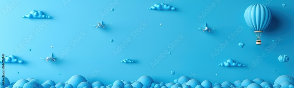 Many blue balloons floating in the sky above a mountain, travel concept, banner, copy space Many blue balloons floating in the sky above a mountain, travel concept, banner, copy space
