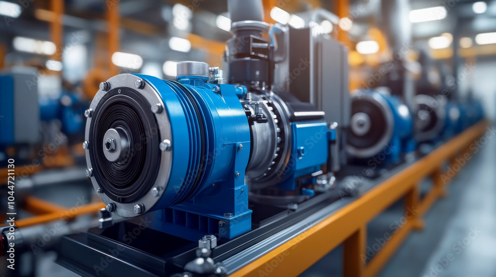 Close-up of a high-efficiency industrial pump in a modern factory setting, featuring precision engineering and advanced technology