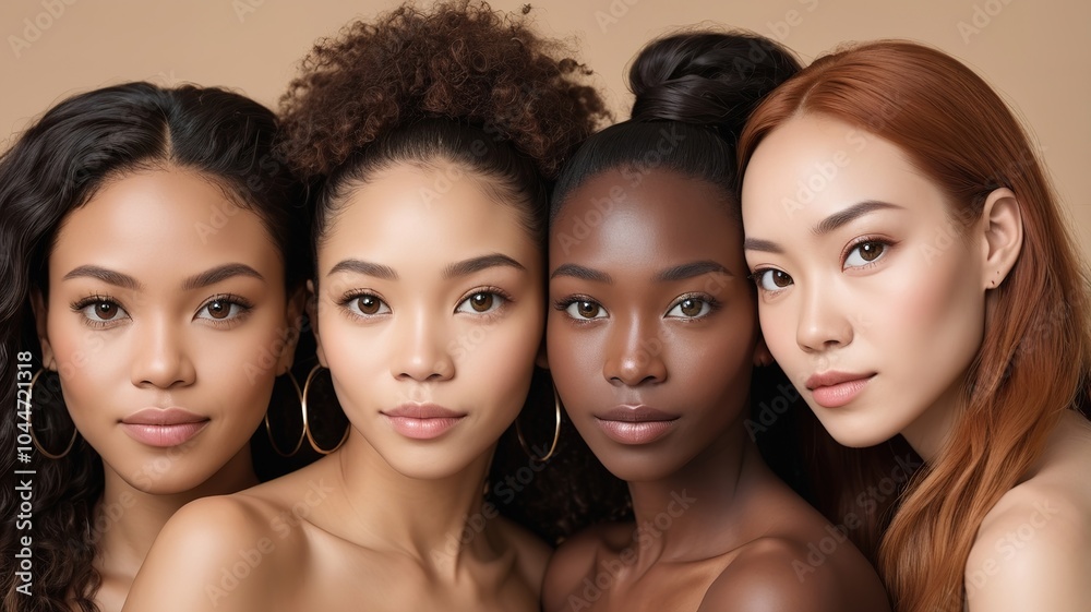 Group of joyful women of various races, showcasing diversity in skin color and culture. Group of joyful women of various races, showcasing diversity in skin color and culture.
