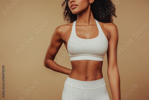 Fit woman wearing white athletic sports bra and leggings photo