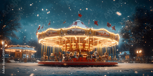 A festively decorated Christmas carousel with horses at a traditional Christmas market photo