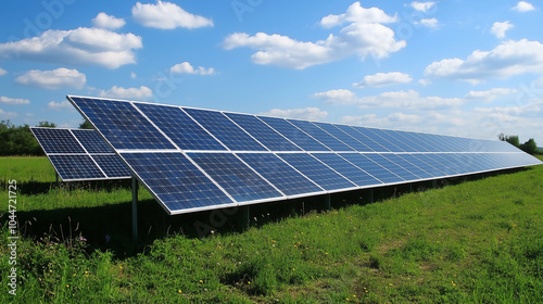 Solar panels in an open field, with a bright blue sky and white clouds overhead. The green grass surrounds the photovoltaic installation.