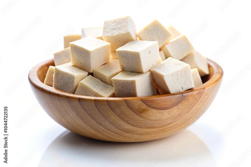 Tofu in wooden bowl isolated on white background Tofu in wooden bowl isolated on white background