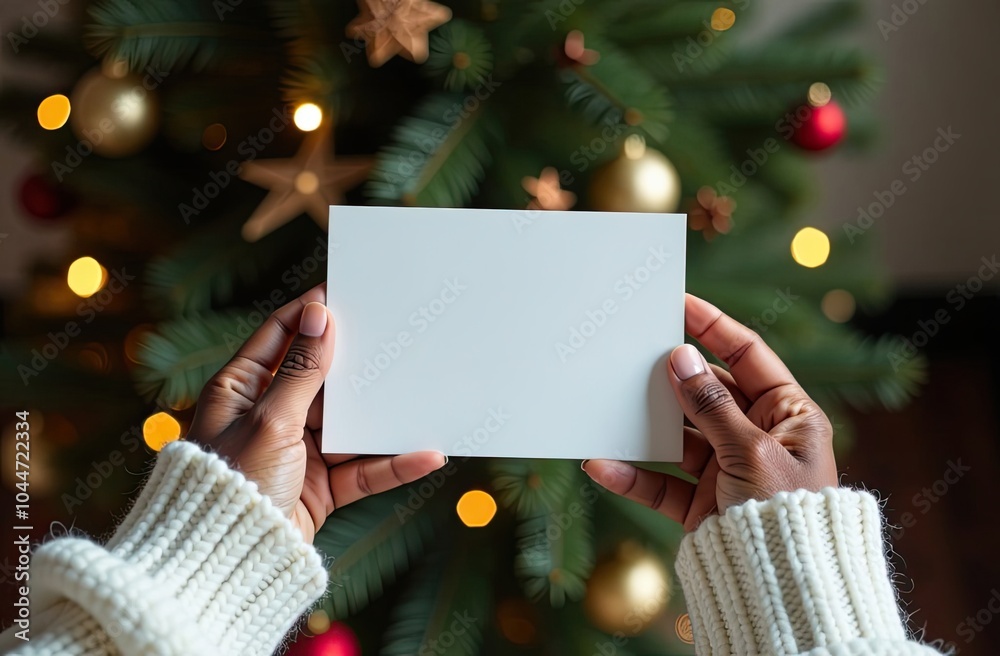 top view of a women's hands in the white sweater with dark skin  holding a postcard with space for text, a decorated Christmas tree with lights  in the background 