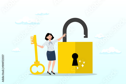 Golden key to unlock, solve business problem, professional to give solutions, success business key or unlock business accessibility concept, smart businesswoman holding golden key to unlock the pad