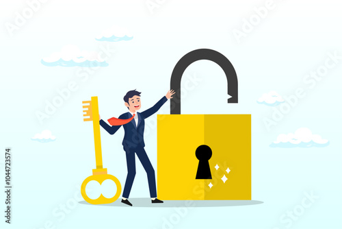 Golden key to unlock, solve business problem, professional to give solutions, success business key or unlock business accessibility concept, smart businessman holding golden key to unlock the pad