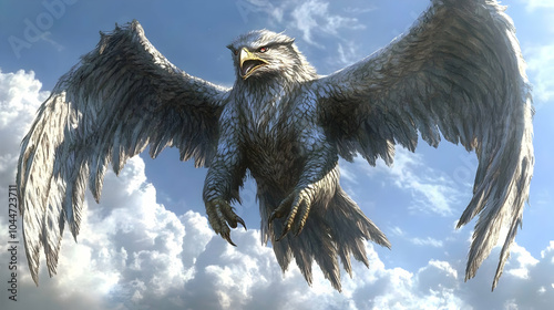 A majestic silver eagle soars through the clouds with its wings spread wide, showcasing its powerful presence. photo