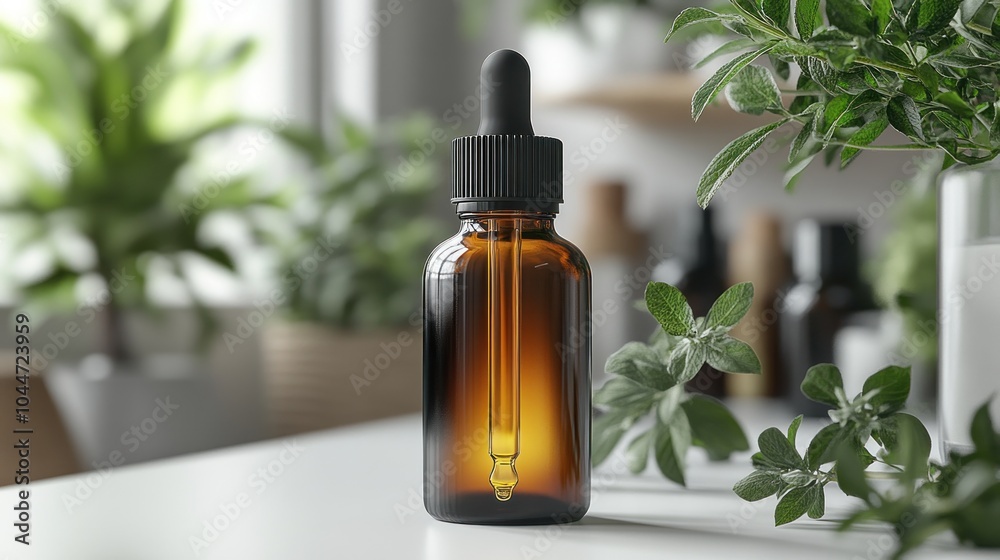 Amber dropper bottle on a table surrounded by greenery. Amber dropper bottle on a table surrounded by greenery.
