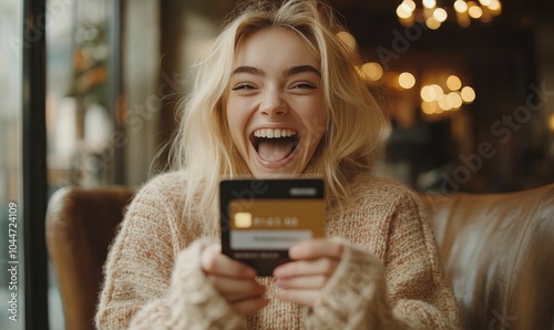 A woman smiling with a credit card in her hand.