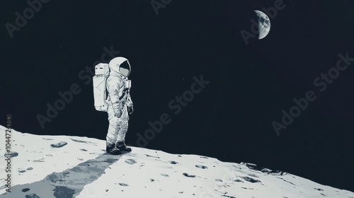 Side view of the moon landing in watercolor flat design, using a monochromatic palette to emphasize the historic moment of space exploration. Lunar surface details photo