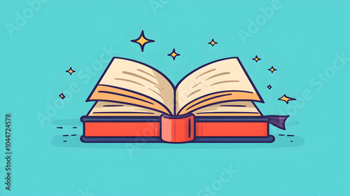 Open book with bookmark and sparkling stars on a blue background.