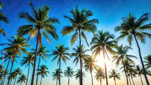 Silhouette of palm trees against a clear blue sky background