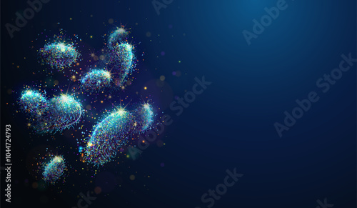 Abstract illustration of shigella spp. bacteria cells made of glowing neon particles. Blue geometric background depicting microbiome medical concept. Digital vector illustration