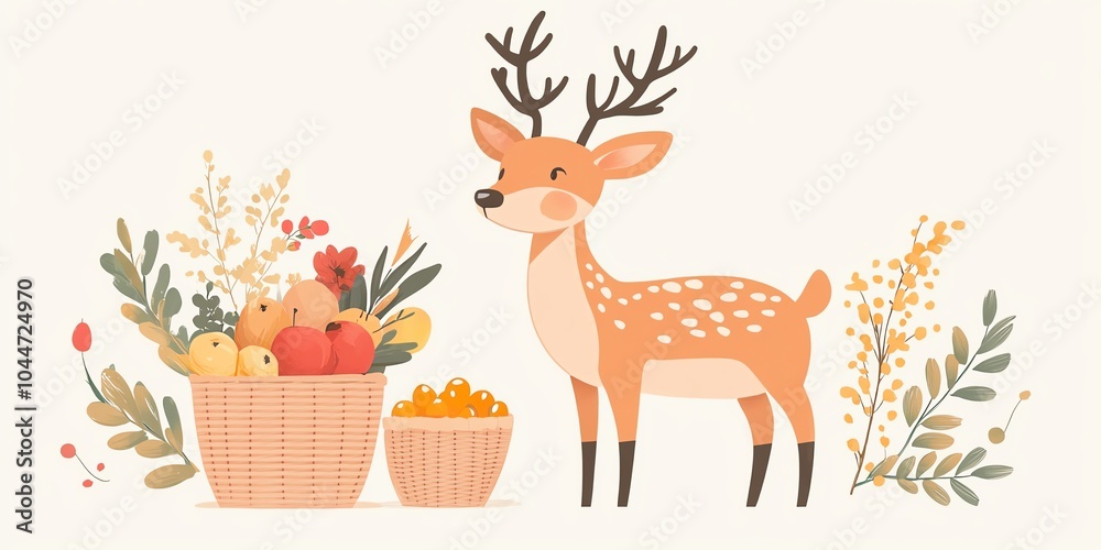 Fototapeta premium Charming deer, bouquet and food in basket, flat design