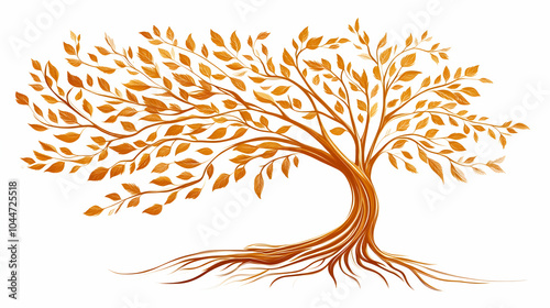 A stylized golden tree with roots and leaves against a white background.