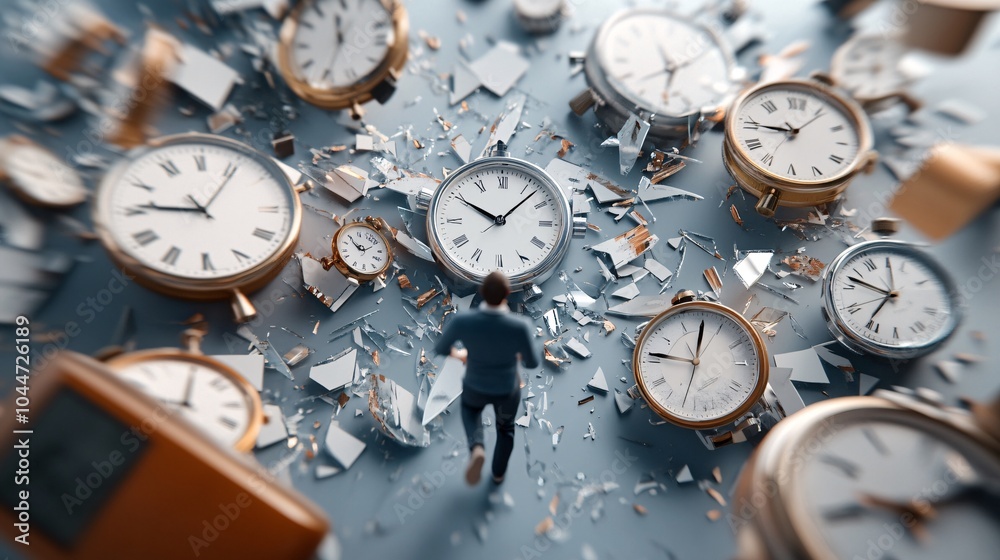 Person Walking Through a Room of Shattered Clocks Person Walking Through a Room of Shattered Clocks