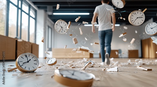 Person Walking Through Room with Shattered Clocks