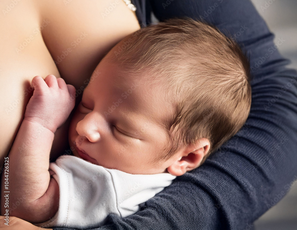 Kind schläft an der Brust der Mutter