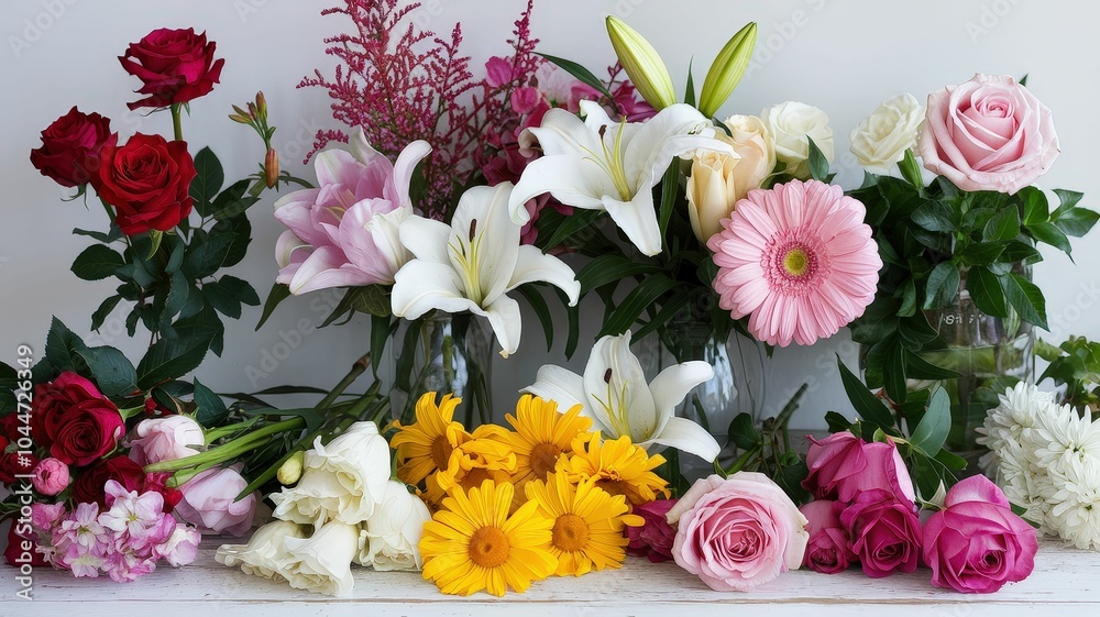 A vibrant floral arrangement showcasing an array of colorful blooms including roses lilies gerberas and daisies for a fresh and inviting atmosphere A vibrant floral arrangement showcasing an array of colorful blooms including roses lilies gerberas and daisies for a fresh and inviting atmosphere