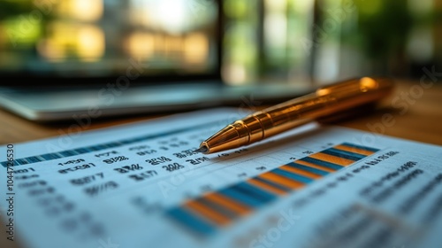 A gold pen rests on a financial spreadsheet with a laptop in the background.