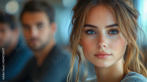 A focused young woman looks attentively during a corporate meeting, with colleagues slightly blurred in the background