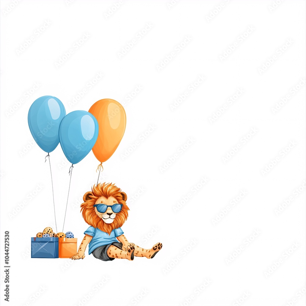 Happy Lion at Summer Camp with Colorful Balloons Happy Lion at Summer Camp with Colorful Balloons