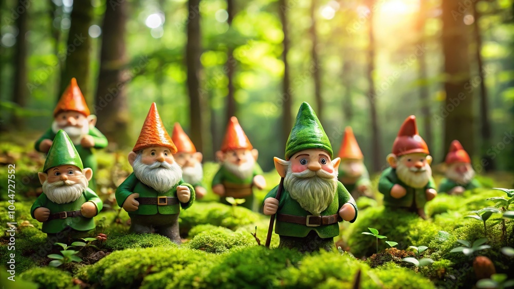 Toy Irish gnomes in a mysterious forest on abstract green natural background aerial view Toy Irish gnomes in a mysterious forest on abstract green natural background aerial view