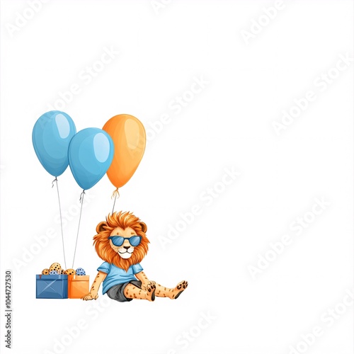 Happy Lion at Summer Camp with Colorful Balloons photo