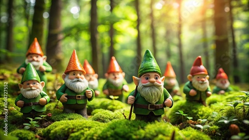 Toy Irish gnomes in a mysterious forest on abstract green natural background aerial view
