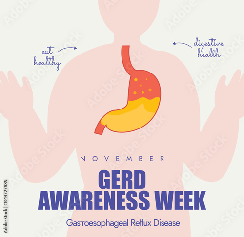 GERD awareness week. 20-26 Nov Gerd awareness week celebration banner with an inside view of stomach having heart burn. The week raise awareness of disease's symptoms, causes and how to avoid it. 