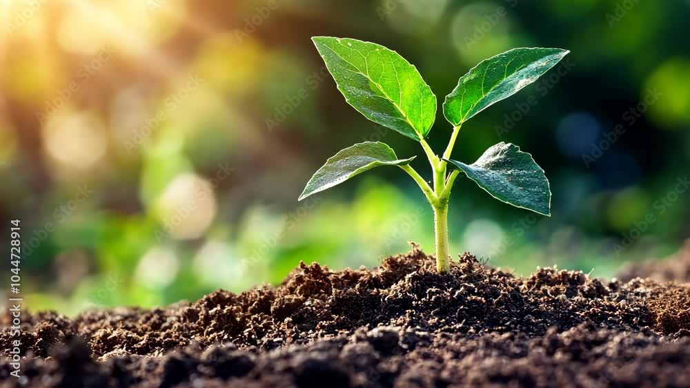 A small green seedling grows out of rich soil on a sunny day A small green seedling grows out of rich soil on a sunny day
