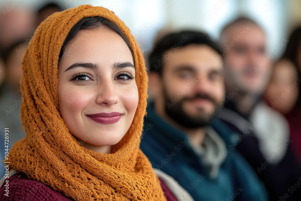 Smiling woman in hijab with group of people behind Smiling woman in hijab with group of people behind