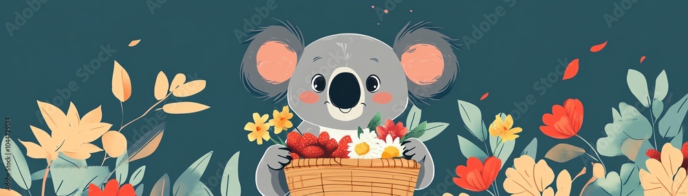 Obraz premium Lovely koala holding basket, flowers, and food, flat design