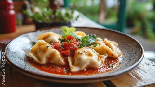 Dumpling served with tomato sauce on a plate photo