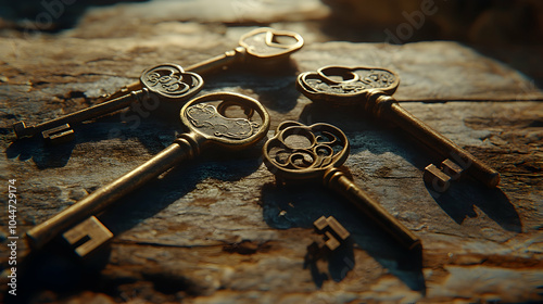 Five antique keys arranged in a circle on a wooden surface.