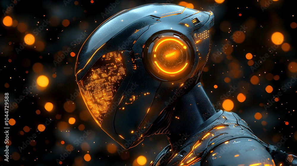 Futuristic robotic helmet with glowing lights. Futuristic robotic helmet with glowing lights.