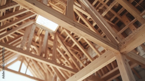 Close up view of a construction site featuring timber structures and roofing systems