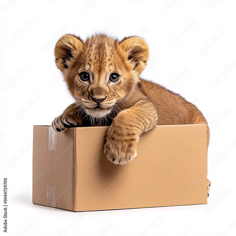 Fototapeta premium Playful Baby Lion Inside Cardboard Box