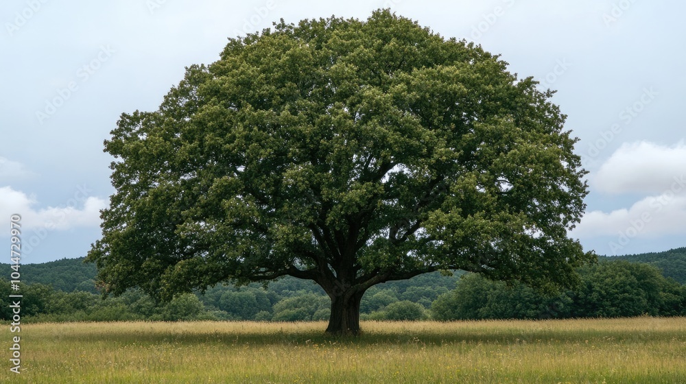 Imposing tree situated in an open field with a natural backdrop Imposing tree situated in an open field with a natural backdrop