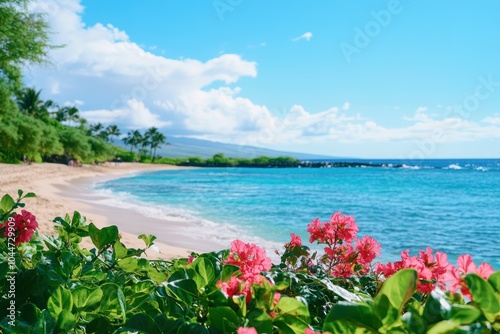Vibrant Beach with Tropical Flowers and Clear Water