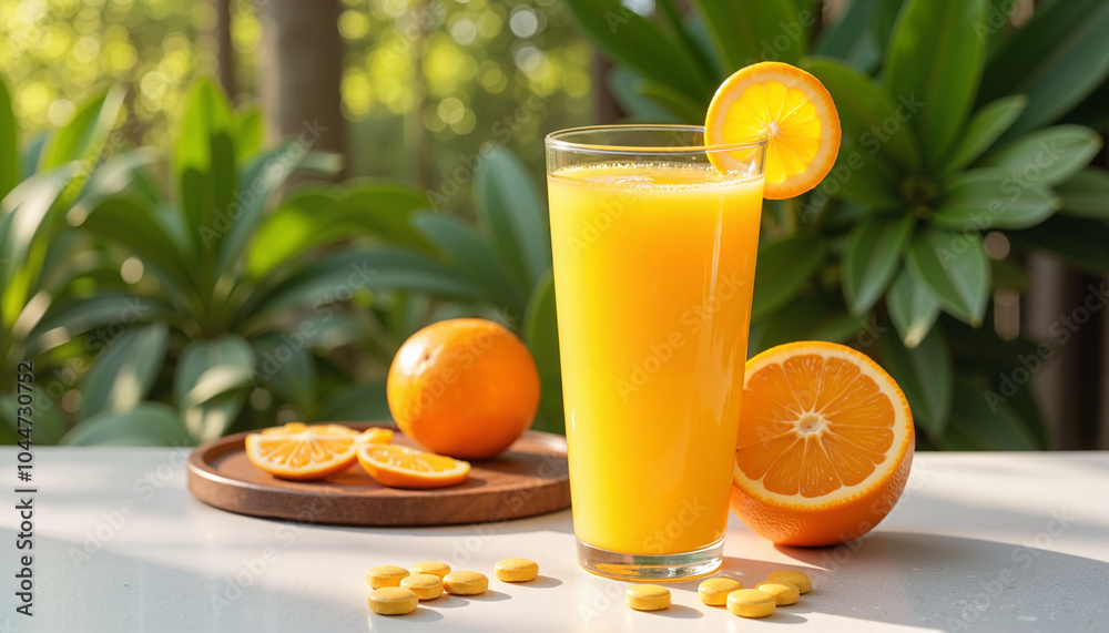 Fresh vitamin C orange juice in a glass with orange slices and vitamins on a table in a bright setting Fresh vitamin C orange juice in a glass with orange slices and vitamins on a table in a bright setting