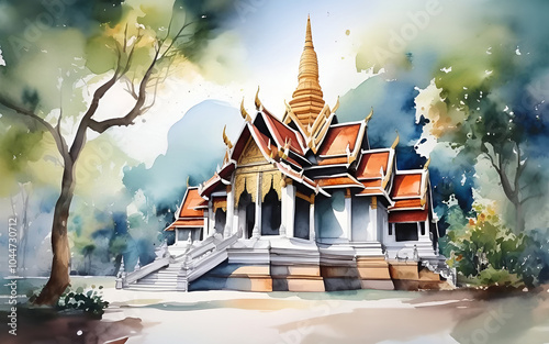 Watercolor painting of a temple in Bangkok, Thailand