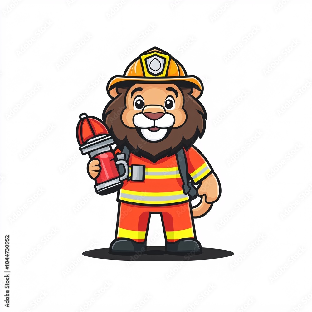 Cute Cartoon Lion Dressed as Firefighter Ready to Help