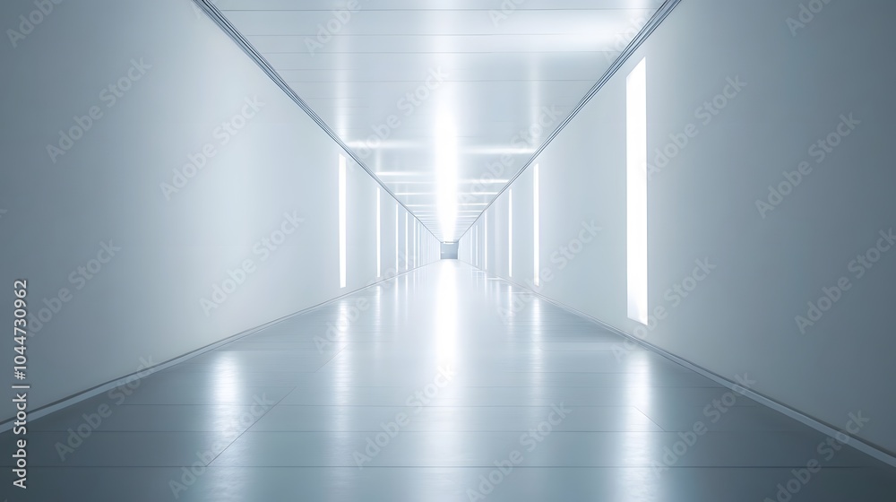 Obraz premium A futuristic white hallway with a glowing light at the end,white hallway with a bright light at the end,Empty white futuristic corridor with a glowing light in the distance