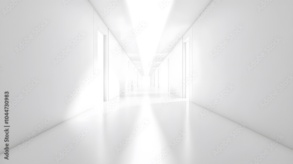 Fototapeta premium A futuristic white hallway with a glowing light at the end,white hallway with a bright light at the end,Empty white futuristic corridor with a glowing light in the distance