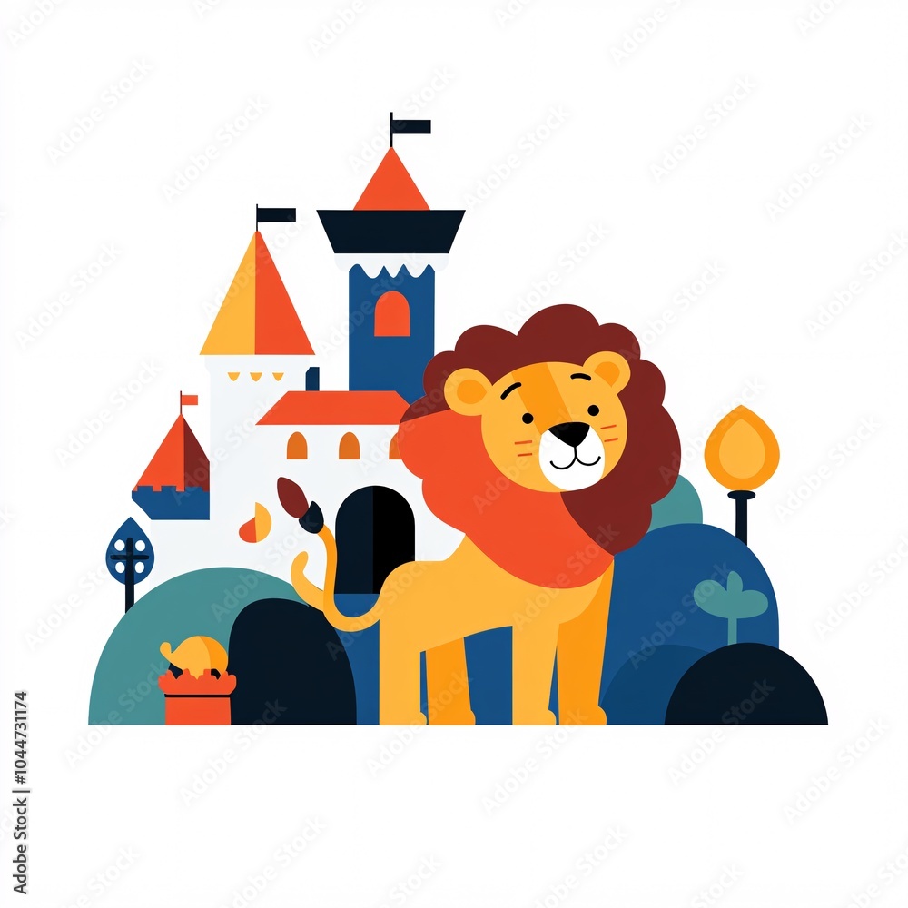 Cute Cartoon Lion Exploring an Enchanted Castle Cute Cartoon Lion Exploring an Enchanted Castle