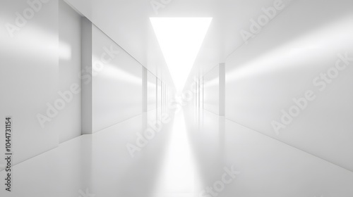 A futuristic white hallway with a glowing light at the end,white hallway with a bright light at the end,Empty white futuristic corridor with a glowing light in the distance