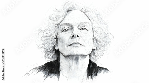 A black and white portrait drawing of an older woman with short, curly hair looking up.