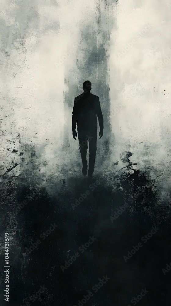 A man walking through fog with his head down, a shadowy figure stands behind him in the mist. Ink painting, dark and gritty, A man walking through fog with his head down, a shadowy figure stands behind him in the mist. Ink painting, dark and gritty,