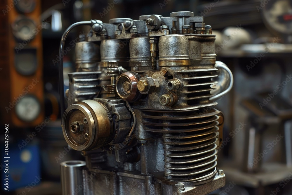 Powerful metallic engine block standing on a workbench in a garage, waiting to be worked on by a mechanic Powerful metallic engine block standing on a workbench in a garage, waiting to be worked on by a mechanic